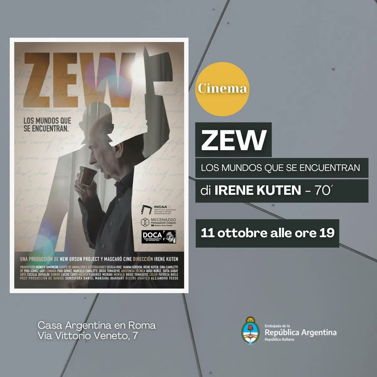 🎬 ZEW. LOS MUNDOS QUE SE ENCUENTRAN

Zew nació en un campo de prisioneros de la Isla de Rodas en 1941, en la 2° Guerra Mundial. Psicoanalista y “aprendiz de mago”, busca el modo de contarle a los nietos su historia, en una BsAs en la que confluyen las vidas de otros inmigrantes.