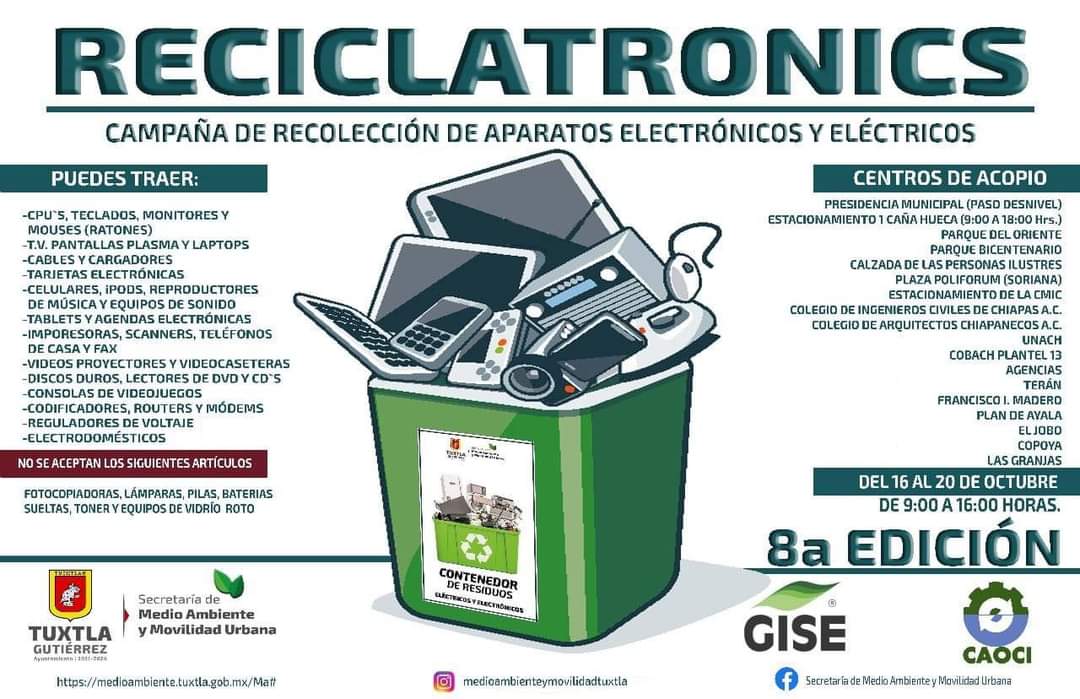 TuxtlaEconomia's tweet photo. Compartimos información de campaña "Reciclatronic"  #TuxtlaGutiérrez para recolección de electrodomésticos y equipos electrónicos

16 al 20 de octubre de 9:00 a 16:00 horas; en la imagen se indican los centros de acopio

#TuxtlaComprometidaMedioAmbiente
#Tuxtlasustentable https://t.co/p2PPPDvVXA
