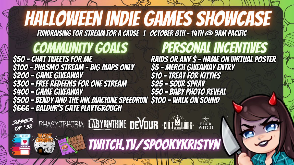 Charity week starts NOW!
Come cause chaos with me for an incredible cause! 🥳

🎃LIVE NOW🎃
<a href="/CryptCommunity/">The Crypt Community</a> 
<a href="/CEOsOfScreams/">CEOs of Screams</a> 
<a href="/Streamcause/">Stream for a Cause</a> 
<a href="/IndieShowcasers/">Indie Showcasers</a> 

▪️Twitch.tv/SpookyKristyn▪️