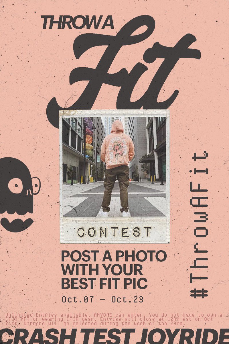 CrashTestJR's tweet photo. Welcome to Throw a Fit!
a fit contest by Crash Test Joyride.

This contest is open to EVERYONE! You do not need to own a CTJR NFT or be wearing CTJR clothing. 

We will be giving away $50 + 1 NFT to the winner. ($50 bonus if the winner is wearing CTJR) 

The contest opens now and will run until the 21st. 

To enter just post a fit pic on X using #throwafit (unlimited entries) 

Good Luck! 

Rules are posted in the contest banner. Winner will be paid in eth.