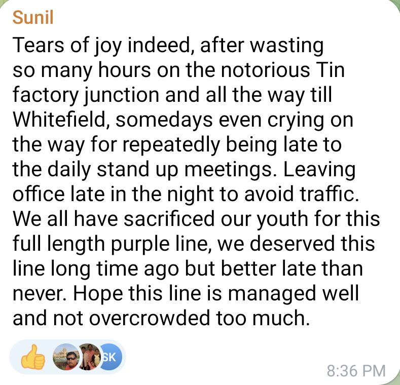 whitefieldmetro's tweet photo. This is how much it means to most of us who use the purple line regularly!
Tears of joy!!
Tomorrow is going to be a historic day for Bengaluru!
How many of you plan to take the metro tomorrow? 😁😁
#PurpleLine  #NammaMetro #Bengaluru #BegaBegaKatrooo https://t.co/hjDk0r2lM5