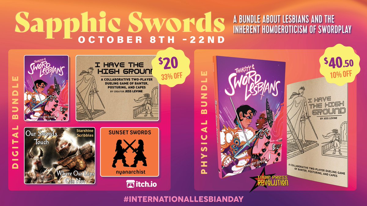 this $20, 33% off bundle runs for 2 weeks. the @itchio digital edition has: - Thirsty Sword Lesbians by @GaySpaceshipGms - I Have the High Ground by me - Our Swords Touch Where Our Lips Cannot by @Starshinescrib - Sunset Swords by nyanarchist & theres a physical edition in 🧵
