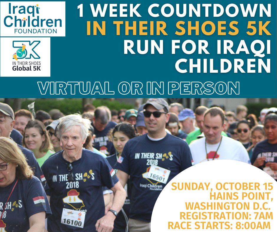 One week countdown until our 11th Annual In Their Shoes 5K! Join us in D.C. or run virtually from anywhere in the world! Register: raceroster.com/events/2023/76… #InTheirShoes #5k #funrun5k #Iraq #iraqichildren