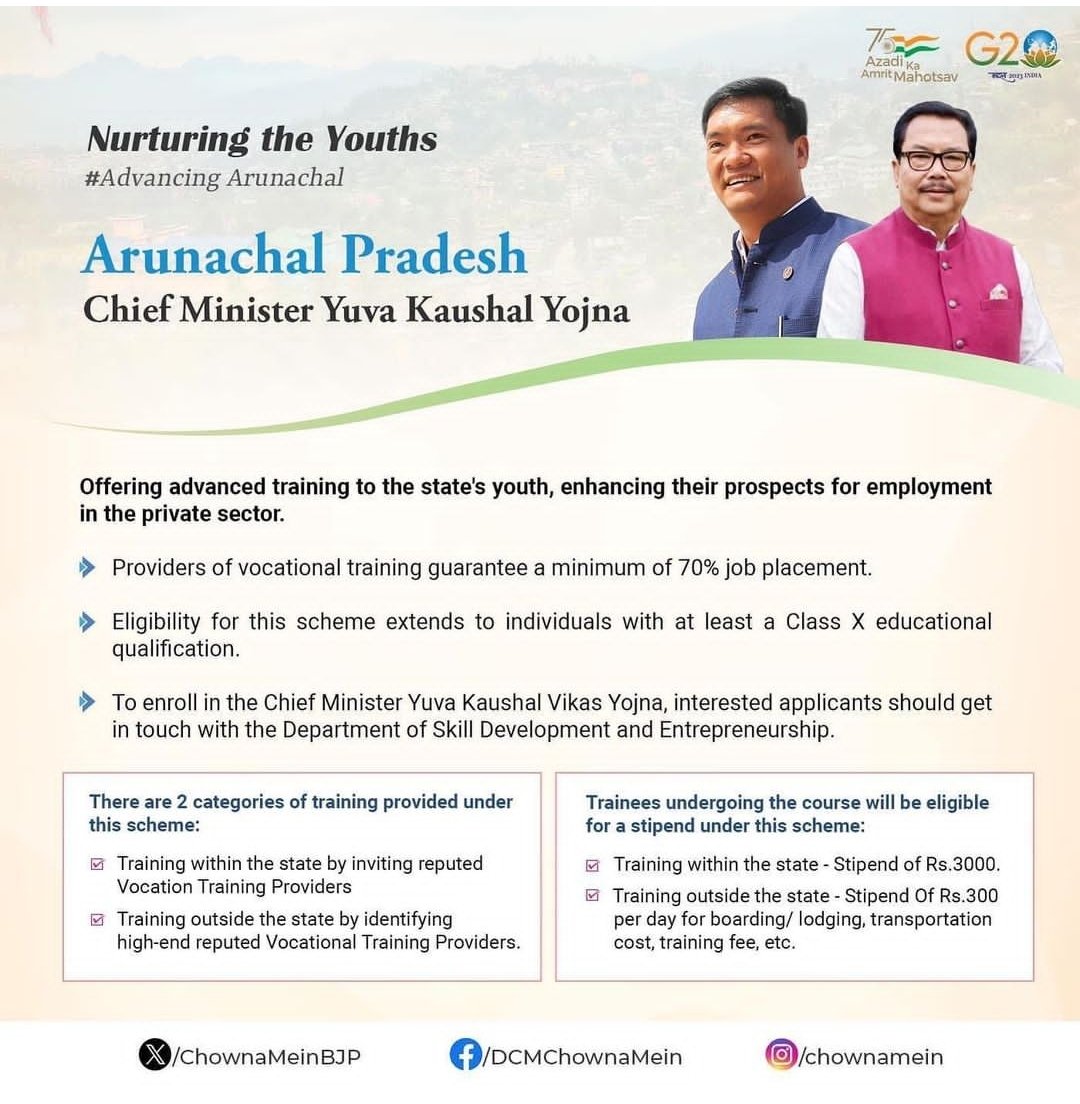 The 'Arunachal Pradesh Chief Minister Yuva Kaushal Yojna' is a forward-looking program that aims at empowering the youths by offering skill development and training opportunities. Embodying GoAP's commitment towards nurturing and empowering our youths for a brighter future.