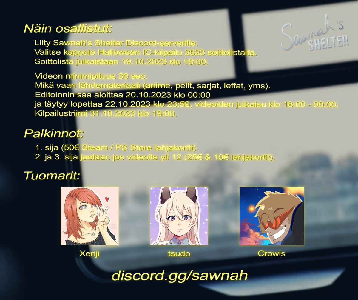lilidaxia's tweet photo. 🎃 Halloween IC-kilpailu 2023 🎃
⋆ Editointiaika 20.10.-22.10.
⋆ Kilpailustriimi 31.10. klo 19!

🖤 Palkinnot 🖤
⋆ 1. sija: 50€ Steam / PS Store lahjakortti
⋆ 2. ja 3. sija: 25€ &amp; 10€ lahjakortit

🧡 Tuomarit 🧡
⋆ @Xenji__
⋆ @Hukkistus 
⋆ @MKtsudo https://t.co/Yn7cK0sBu8