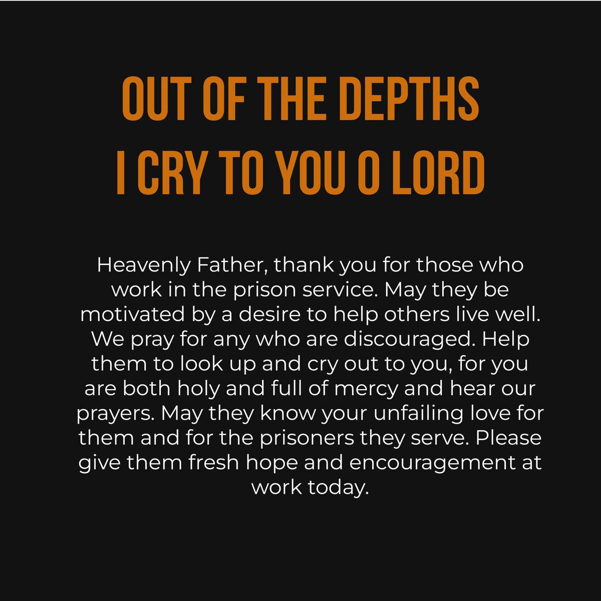 Day 1 

Today’s <a href="/PrisonsWeek/">Prisons Week</a> prayer is for those who work in the prison service.  

Join us as this week as we pray for everyone affected by prisons. 🙏 #prisonsweek