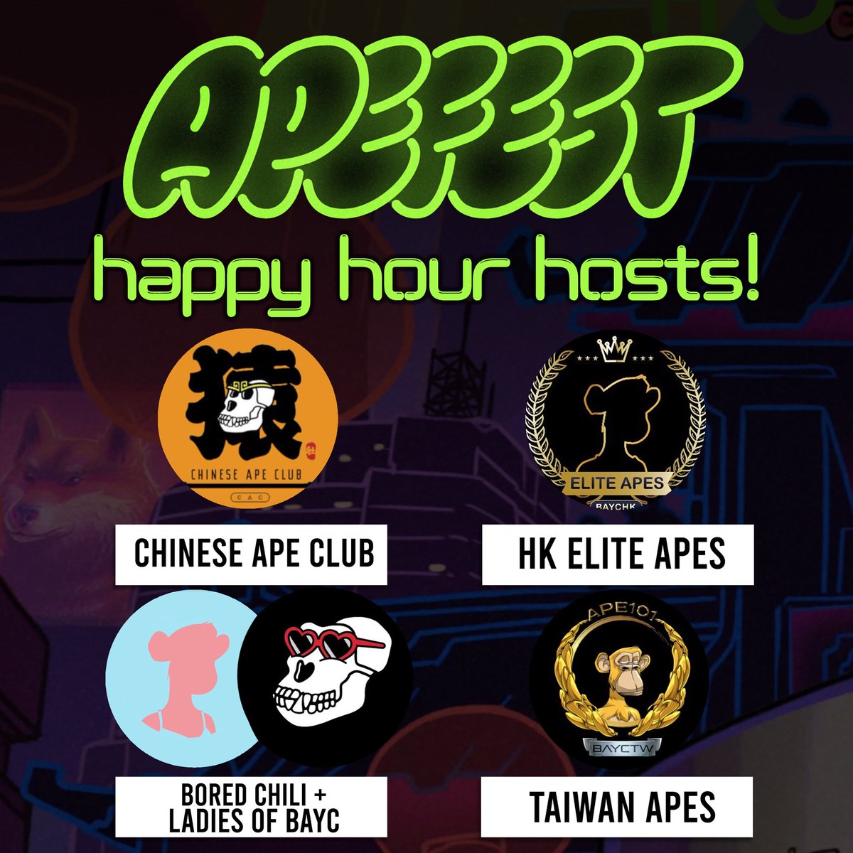 Let's talk APEFEST Happy Hour! 🥂

Featuring our different Happy Hour hosts: <a href="/Chinese_ApeClub/">Chinese Ape Club (CAC)</a> <a href="/EliteApesHK/">ELITE APES HK</a> <a href="/boredchili/">Chili Ventures🌶</a> <a href="/LadiesofBAYC/">Ladies of BAYC</a> <a href="/BaycTaiwan/">Ape 101 TW Club</a> 

Link to save: x.com/i/spaces/1eaKb…
