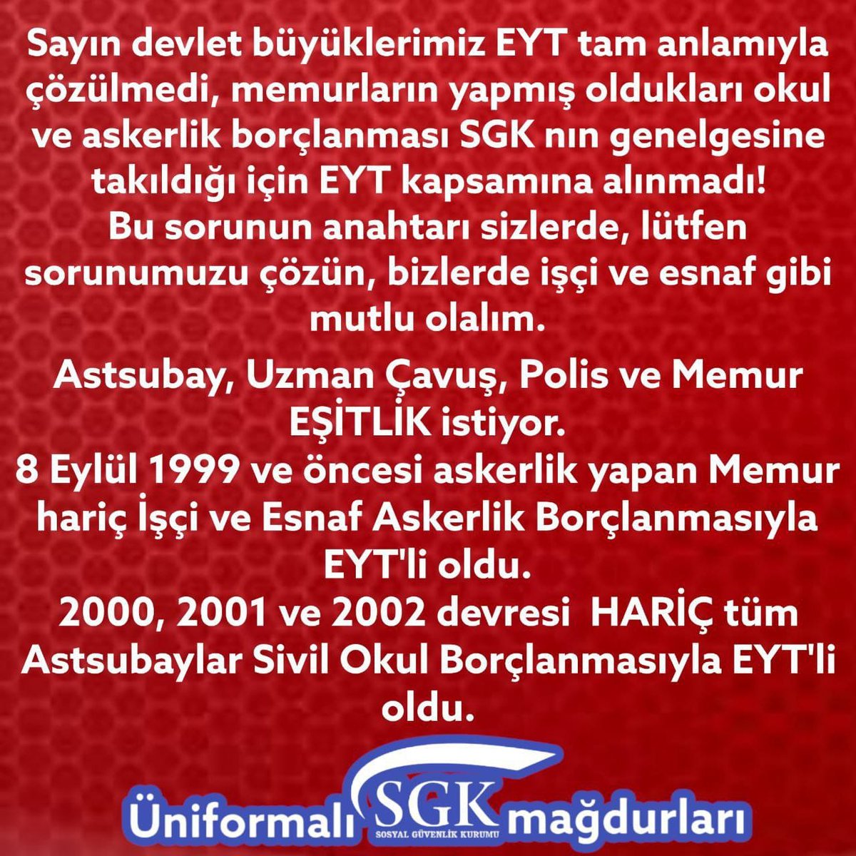 EYILMAZ3503's tweet photo. @tgrthabertv @unluferhat 👉Astsubay, Uzman Çavuş, Polis ve Memur EŞİTLİK istiyor.
👉8 Eylül 1999 ve öncesi askerlik yapan Memur hariç İşçi ve Esnaf Askerlik Borçlanmasıyla EYT'li oldu. 
👉2000, 2001 ve 2002 devresi  HARİÇ tüm Astsubaylar Sivil Okul Borçlanmasıyla EYT'li oldu. 
#emeklininyarını https://t.co/XaMYF01LoV