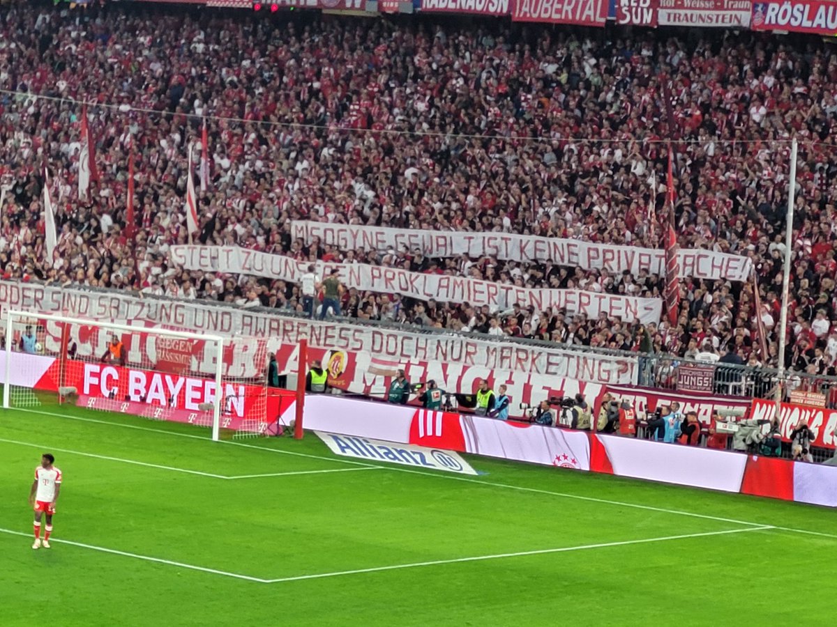 iMiaSanMia's tweet photo. Banner by Bayern fans at Allianz Arena: 'Misogynistic violence is not a private matter. Stand by our proclaimed values - Or are regulations and awareness just marketing?!'

📸 @AZ_Strasser https://t.co/F7vgvclyqc
