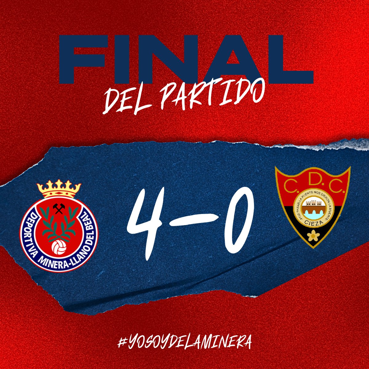 DeportivaMinera's tweet photo. ⌚ 90' | 𝟰-𝟬 | #J5

🏁 ¡Final del partido!

🫶🏻 Exhibición de los nuestros, que vencen con contundencia a uno de los grandes equipos del grupo.

🚧 Cuarta portería a cero consecutiva.
 
#DeportivaMineraCieza ⛏️ #YoSoyDeLaMinera https://t.co/P8ZJYXriLA