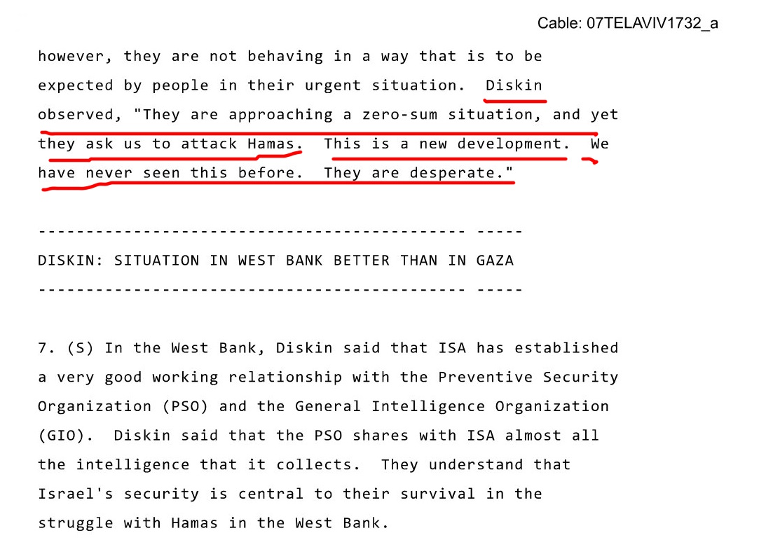 Wikileaks_Ita's tweet photo. Il capo dello #Shinbet Yuval #Diskin ha detto che #alFatah gli ha chiesto aiuto contro #Hamas.
"Si stanno avvicinando ad una situazione a somma zero, eppure ci chiedono di attaccare Hamas. Questo è un nuovo sviluppo. Non l'abbiamo mai visto prima. Sono disperati."
#SECRET 2007 https://t.co/dz04CYvqEg