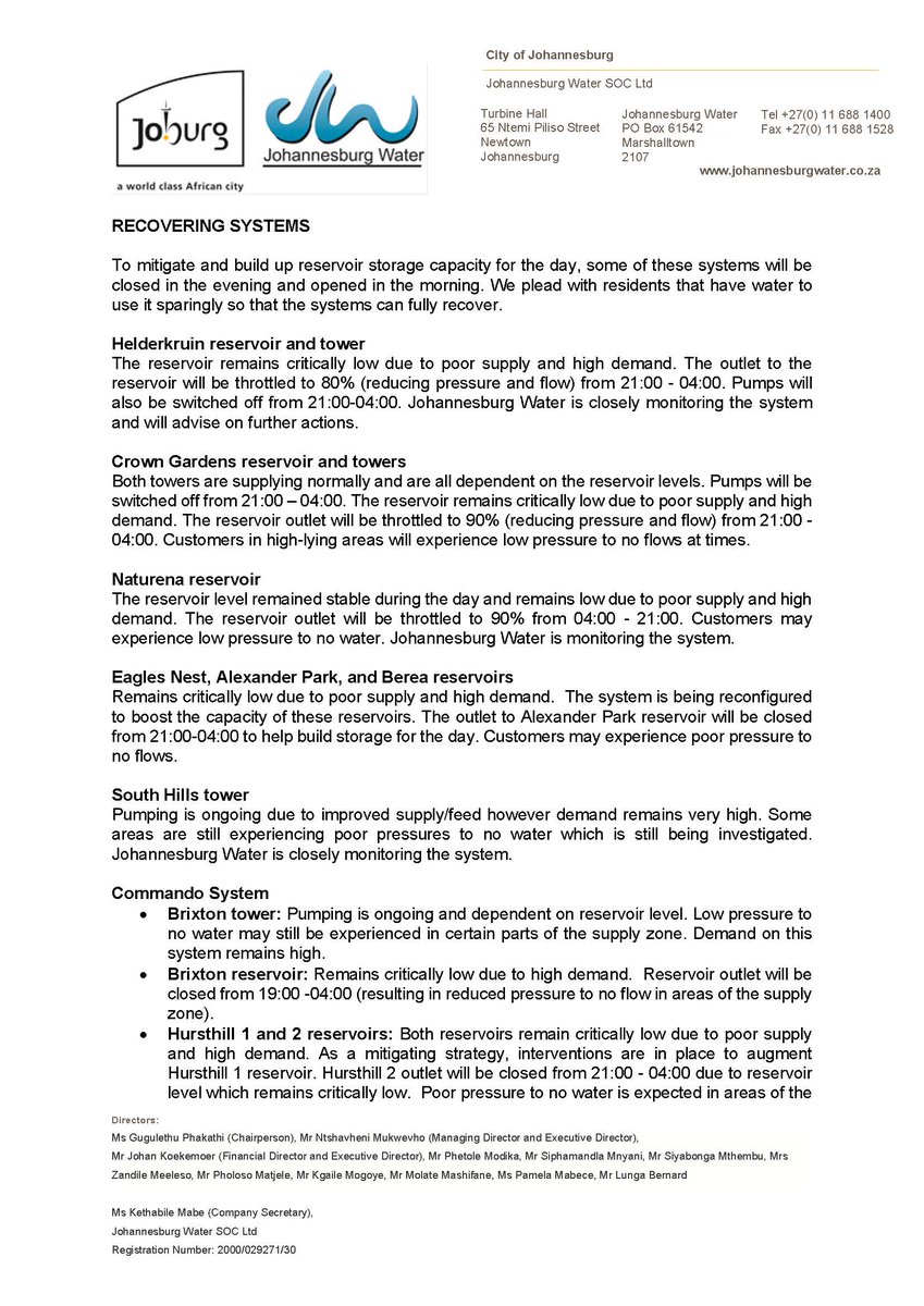 JHBWater's tweet photo. #JoburgUpdates 
Johannesburg Water systems: evening update. ^X https://t.co/MtLn2A6npo