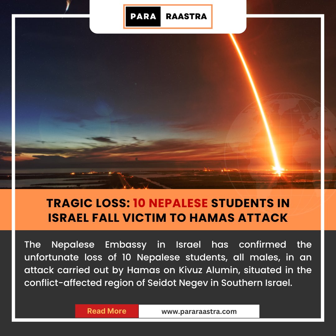 pararaastra's tweet photo. According to Kanta Rijal, the Nepalese Ambassador to Israel, out of the 17 students at Kibbutz Alumim, 10 have tragically passed away, one remains missing, and four are currently receiving treatment at a local hospital.
#israel #hamaspalestine #nepaleseinisrael https://t.co/gqKSL0gB93