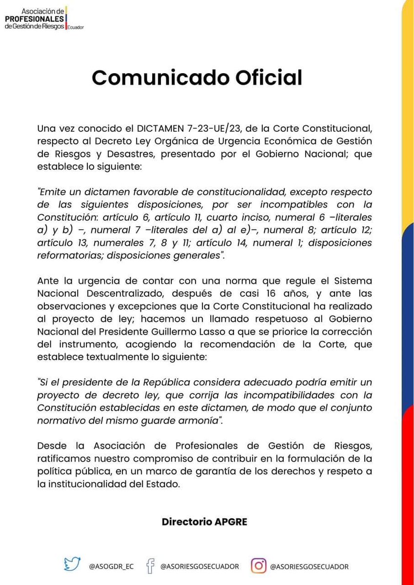 Asociación Gestión Riesgos 🇪🇨 (@asogdr_ec) on Twitter photo COMUNICADO OFICIAL 📌
Desde la <a href="/AsoGdR_Ec/">Asociación Gestión Riesgos 🇪🇨</a> emitimos el siguiente comunicado y ratificamos nuestro compromiso de contribuir a la formación de la política pública de gestión de riesgos, en un marco de garantía de derechos y respeto a la institucionalidad del Estado.
#VaPorTiEcuador COMUNICADO OFICIAL 📌
Desde la <a href="/AsoGdR_Ec/">Asociación Gestión Riesgos 🇪🇨</a> emitimos el siguiente comunicado y ratificamos nuestro compromiso de contribuir a la formación de la política pública de gestión de riesgos, en un marco de garantía de derechos y respeto a la institucionalidad del Estado.
#VaPorTiEcuador
