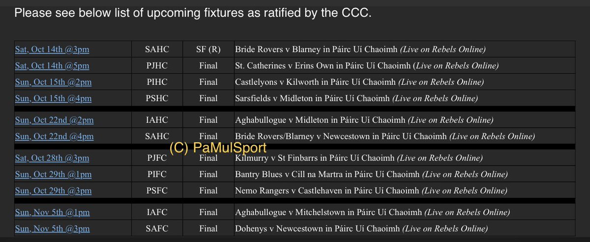 BREAKING: The CCC of <a href="/OfficialCorkGAA/">Cork GAA</a> have confirmed all ten finals from Premier Senior to Premier Junior in both hurling and football! Plus the Bride Rovers v Blarney replay next Saturday! 
All 11 games will be LIVE on #RebelsOnline!