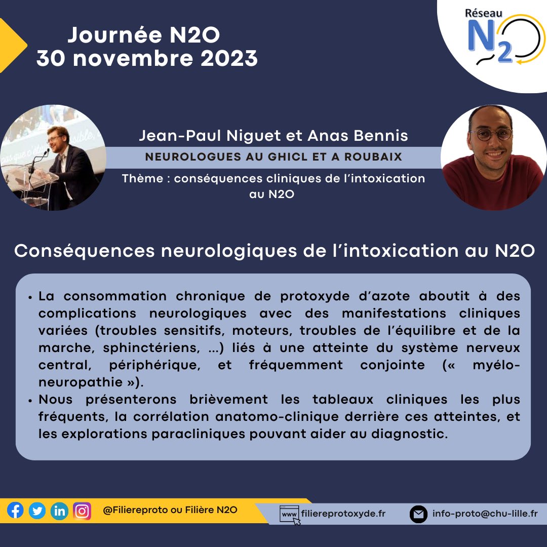 FiliereProto's tweet image. Lors de la journée du 30 novembre, les docteurs Niguet et Bennis nous parlerons des conséquences neurologiques de l’intoxication au #protoxyde d’azote #gazhilarant 
@CHU_Lille
