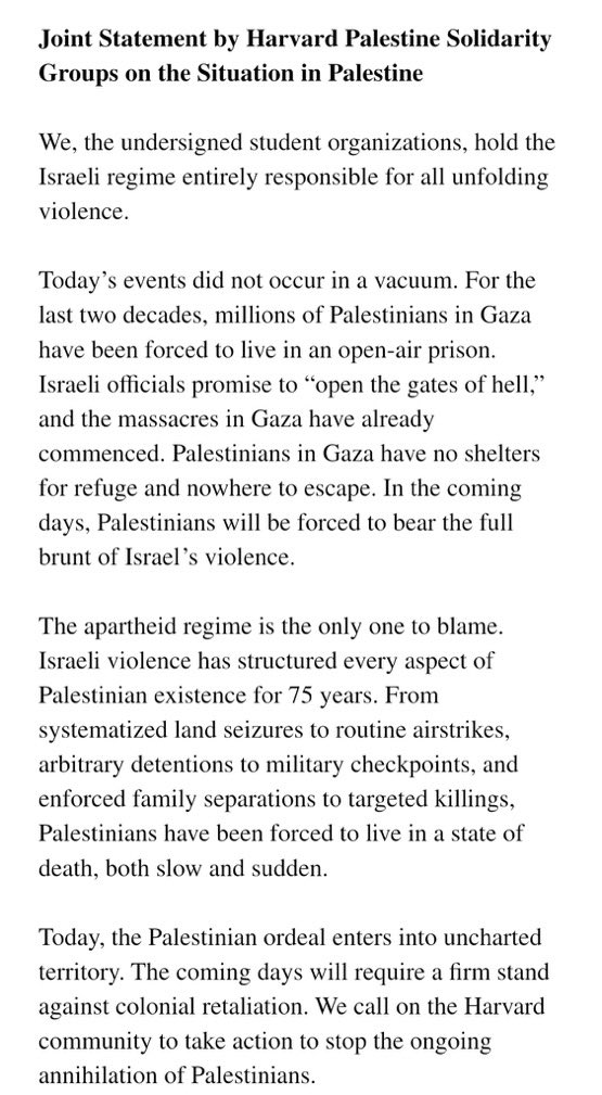 LViehler's tweet photo. Erinnern Sie sich noch daran, wie stolz Karl immer auf @Harvard gewesen ist?

Dieses Statement haben nun Studenten der einstigen Elite-Uni zum Terror in Israel veröffentlicht. https://t.co/CqU12oTh3M