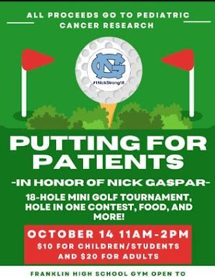 Putting for Patients - Pediatric Cancer Research Fund Raiser to honor Nick Gaspar - Oct 14 buff.ly/3PGWHg2