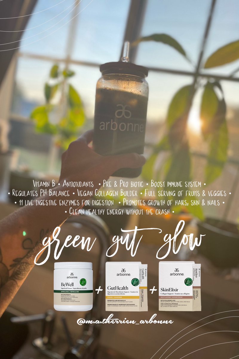 𝙶𝚁𝙴𝙴𝙽 𝙶𝚄𝚃 𝙶𝙻𝙾𝚆
Combination of 3 products:
- GutHealth Digestion
- BeWell Superfood Greens
- SkinElixir Collagen Support

Invest in your Health! Daily drink that made a difference for me. My hair’s growing, my skin’s glowing and i’m 38! Less bloating for the win!!