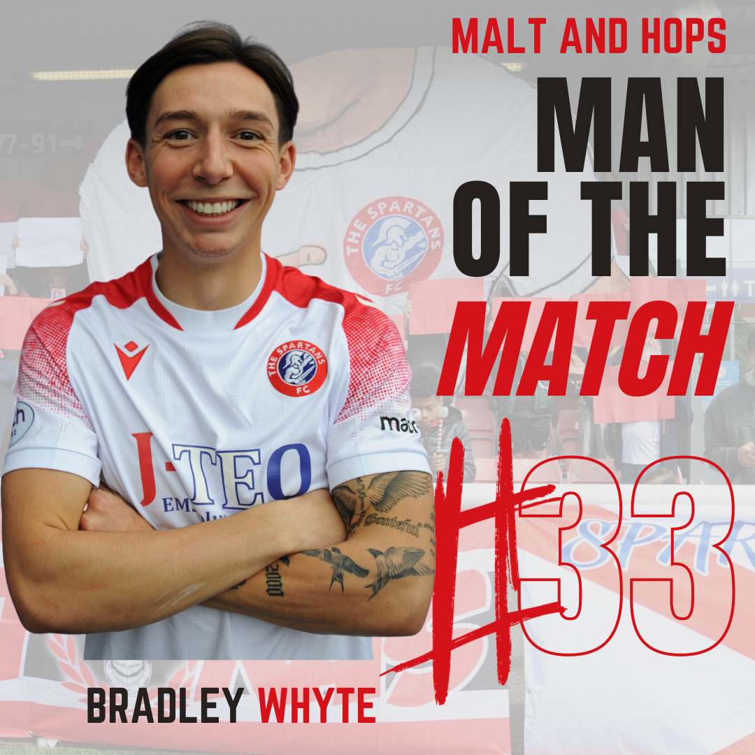 SpartansFC's tweet photo. Saturday's @MaltnHopsLeith Man of the Match was @bradleywhyte6.  A fine all round display and what about that dogged determination to win the ball and set up Hendo for the winner 💪 https://t.co/1KHxzKbMRQ