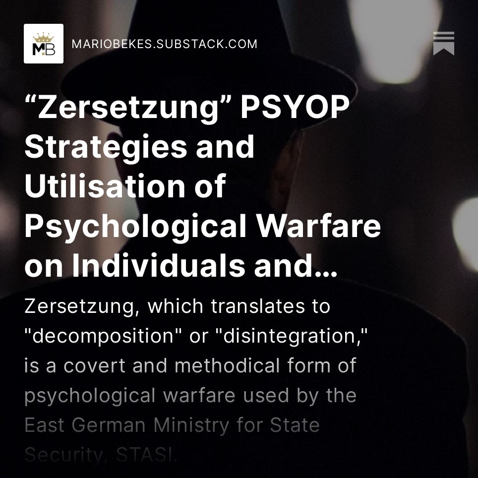 MarioBekes's tweet photo. Discover and learn #PYOPS modus operandi, methods and applications - 2 part article .
“Zersetzung” Strategies and Utilisation of Psychological Warfare on Individuals and Groups
Link To Article: https://t.co/0eYUmC0N8Q
#BusinessNews #ColdWar #stasi #Russia #SPY https://t.co/BJQm8mUpBA