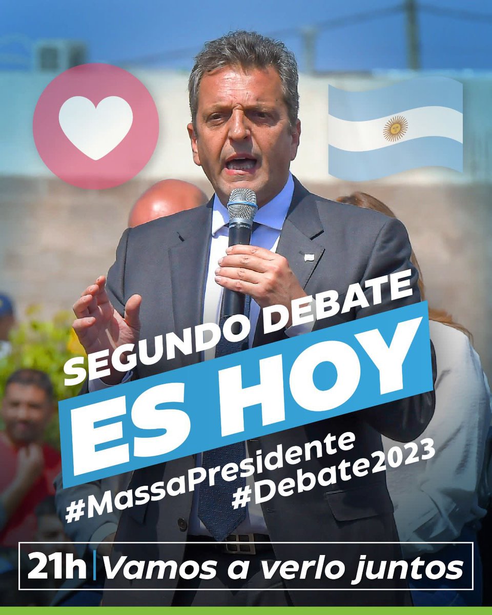 vtolosapaz's tweet photo. Acompañamos a nuestro candidato @SergioMassa en el #Debate2023. 

Por nuestra Patria, para defender nuestros derechos y nuestra soberanía, y para seguir construyendo la Argentina del trabajo y el desarrollo. 

En vivo, desde las 21hs. 👉🏼 https://t.co/7wK0ESuimc

#MassaPresidente https://t.co/zqv2Xa2LV4