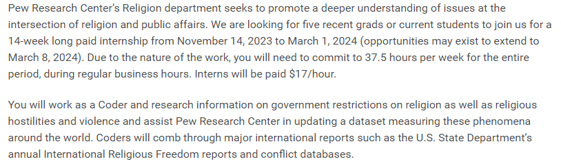 conradhackett's tweet photo. Please spread the word - we're hiring five religion &amp; world affairs interns at Pew Research Center. Many Pew Research careers began with this internship.

Interns can work in our DC office or remotely from a few states. Details here:
https://t.co/wzghcyVQ2l https://t.co/mZB51O0WEM