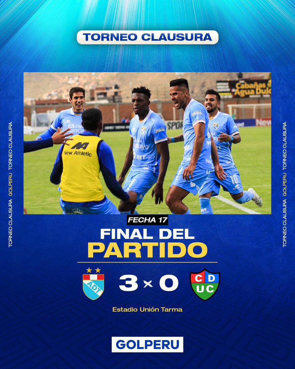 GOLPERUoficial's tweet photo. 🚨 #ÚLTIMOMINUTO ¡SIGUEN SUMANDO! En un gran duelo por la fecha 17 del #TorneoClausuraXGOLPERU 🏆🇵🇪, @adt_tarma 🔵️ ganó 3-0 a @UComercio 🔴🔵🟢 en el Estadio Unión Tarma 🏟️. Con este triunfo, el cuadro de Franco Navarro 🧠 quedó en el 5to lugar en la tabla de posiciones 🔥. https://t.co/AfbXYlB2s5