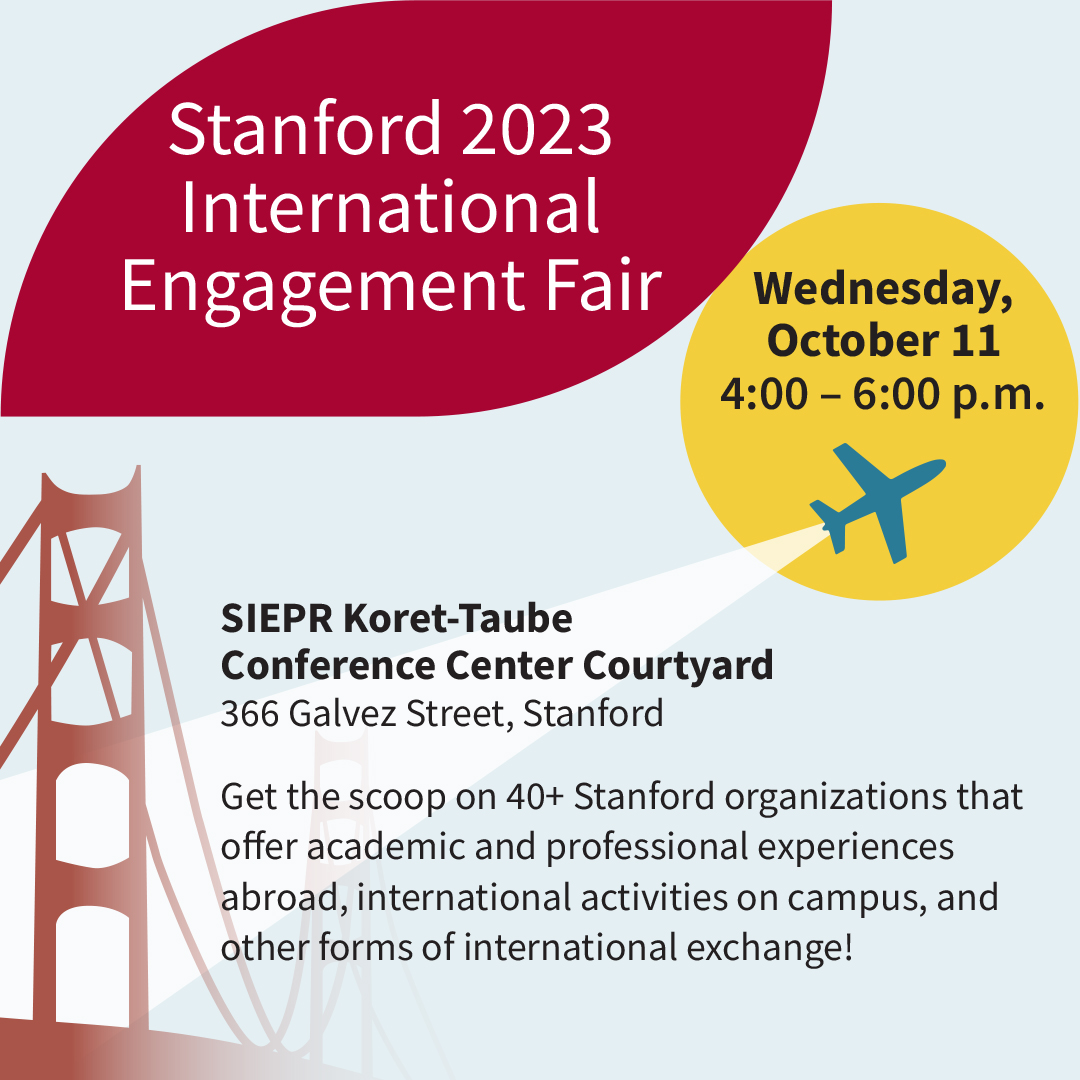 Calling all #Stanford students! Don't miss the 2023 #InternationalEngagement Fair! Discover 40+ organizations for international academic and professional experiences. Plus, enjoy ice cream treats and exciting prizes! 🍦🎉

WHEN: Wed, Oct. 11 4-6pm
WHERE: 366 Galvez St
