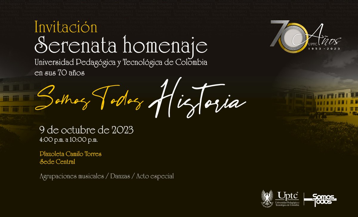 ELDIARIOBOYACA's tweet image. 🪙 #UPTC conmemora #70Años de vida Institucional 🫶🏽

Haz parte de esta celebración y celebra siete décadas de historia. #UPTC70Años 💛🖤

@UPTCoficial