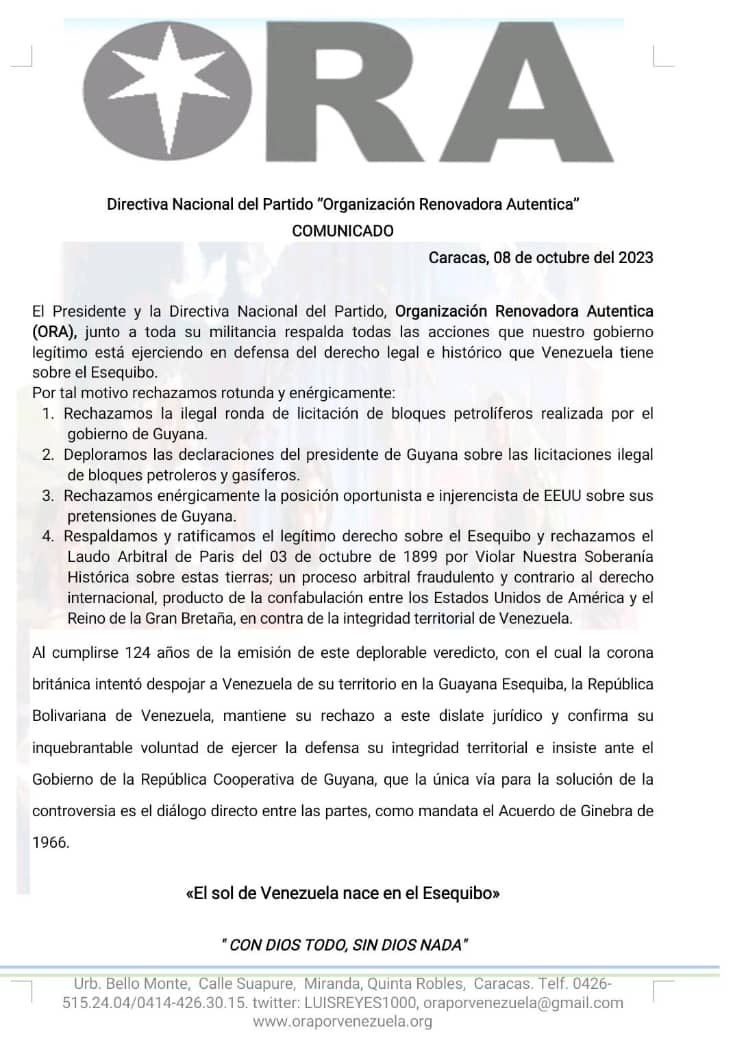 El Partido Cristiano y Revolucionario ORA, está en pie de batalla por defender nuestra Soberanía Histórica. Porque el "Sol de Venezuela Nace en el Esequibo".
