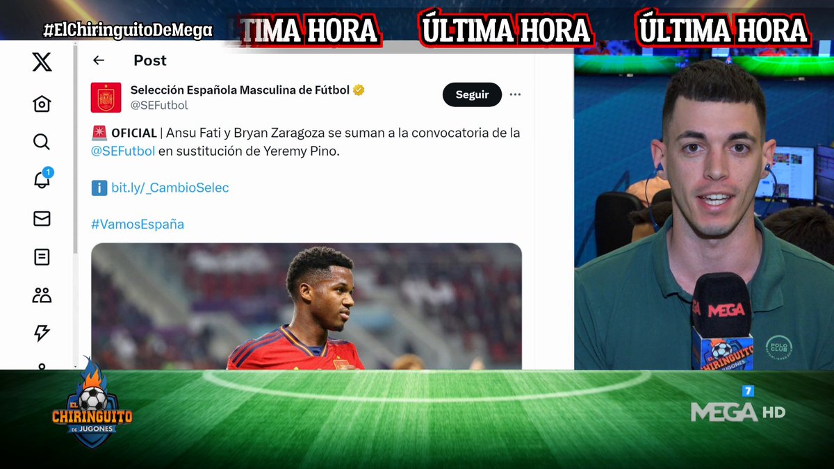 🚨 ¡ÚLTIMA HORA! 🚨

🇪🇸 ¡ANSU y BRYAN ZARAGOZA a la SELECCIÓN! 🇪🇸

👉 En sustitución de Yeremy Pino.