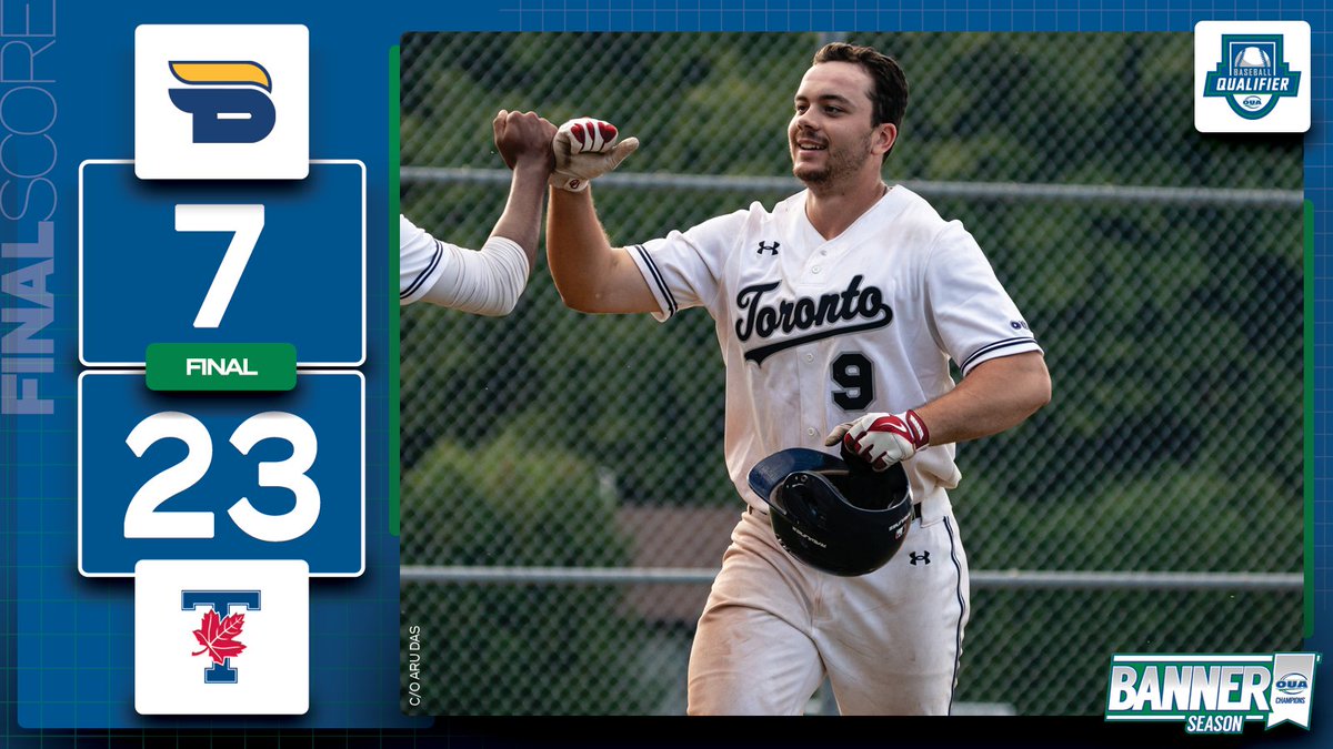 <a href="/LUVoyageurs/">Laurentian Voyageurs</a> <a href="/Varsity_Blues/">U of T Varsity Blues</a> <a href="/UofT_Baseball/">Varsity Blues Baseball</a> <a href="/BaseballOntario/">Baseball Ontario</a> <a href="/baseballcanada/">Baseball Canada 🇨🇦⚾️</a> <a href="/queensgaels/">Queen's Gaels</a> <a href="/CURavens/">Carleton Ravens</a> <a href="/CURavenBaseball/">Carleton Ravens Baseball</a> FINAL SCORE ⚾️

<a href="/tmubold/">TMU Bold</a> | 7
<a href="/Varsity_Blues/">U of T Varsity Blues</a> | 23

The @UoFT_Baseball offence continued to shine in their Central Qualifier final, once again topping the 20-run mark to ensure their spot at next weekend's #OUA Championship.

#WeAreONE | #BannerSeason