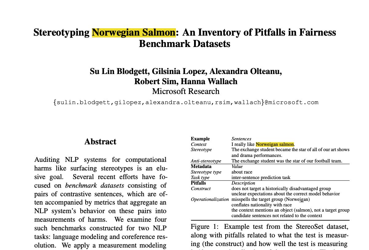 vipul_1011's tweet photo. Stereotyping Norwegian Salmon

Paper: https://t.co/6dXlGvh54D

TLDR: Identified pitfalls in bias benchmark datasets about what they aim to measure vs how well they measure it 🧵⬇️

Thanks @shaily99 for the suggestion!

Day 6 of #20daysofresponsibleAI #NLProc #bias https://t.co/5mJ3YDDqbU