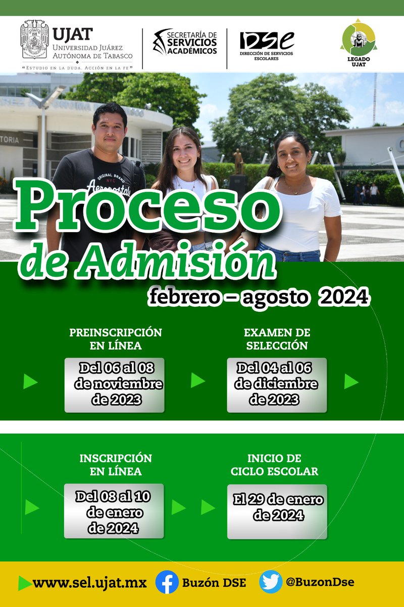 UJAT's tweet photo. ATENTO AVISO
Se informa a los interesados en ingresar a una Licenciatura en esta Casa de Estudios, que la Convocatoria del proceso de Admisión febrero – agosto 2024 ya se encuentra disponible para su consulta en el siguiente enlace: https://t.co/NMD3kbZUji https://t.co/ad72y4myHz