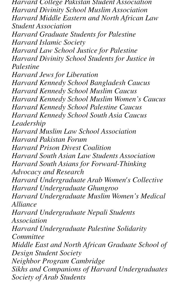 large number of harvard student organizations blaming israel solely for hamas terrorist attacks killing 700 civilians. can’t imagine who would want to identify with such a group. harvard parents—talk to your educated kids about this.