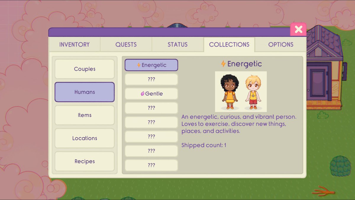 Hey there lovely cupids!

During the game you'll be able to check a collection of all the different items, human types, couple types and much more you have interacted with! ✨ Isn't this cool?

Gotta Ship 'Em All! 💘🏹💙💚💛

#indiegame #datingsim #indiedev #animegirl