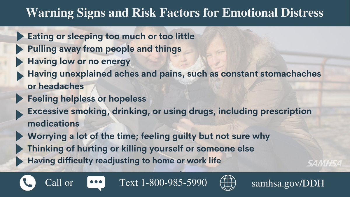 Disasters may affect people in different ways. 
➡️ Recognize some of the warning signs & risk factors for emotional distress 
➡️ Learn more about warning sings & risk factors for youth, adults, first responders & recovery workers go.usa.gov/xMDFh #PrepYourHealth