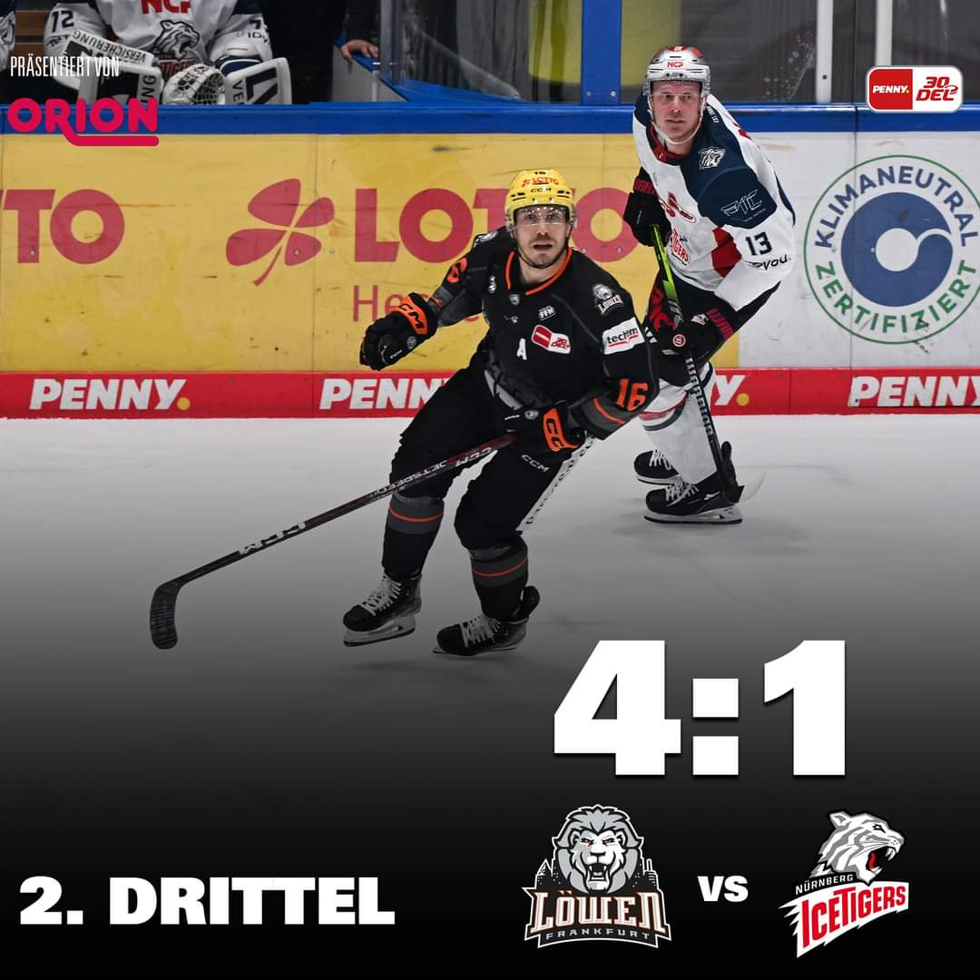 loewenfrankfurt's tweet photo. Ende des 2.Drittels: 
Trotz eines Treffers der Tigers erhöhen die Löwen durch Dominik Bokk und Maksim Matushkin auf 4:1.

#FRANIT 4:1
 #loewenfrankfurt  #bembelhockey https://t.co/3oXeYSM3u1
