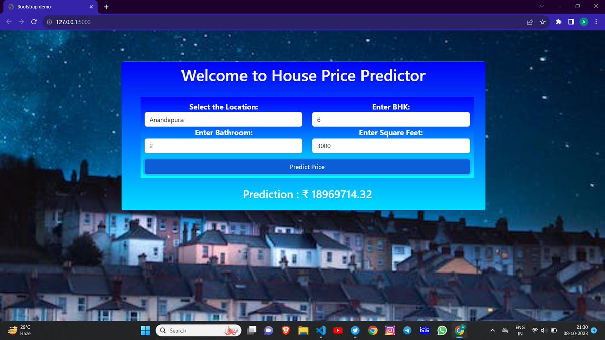 Adarsh_36's tweet photo. <#day223> of #365DaysOfML
โญ Learn about svr
โญ Improved my ui design on house pricing prediction
#100DaysOfCode #365DaysOfCode #python #Code #DSA #javaprogramming #MachineLearning https://t.co/tH0fltuotm