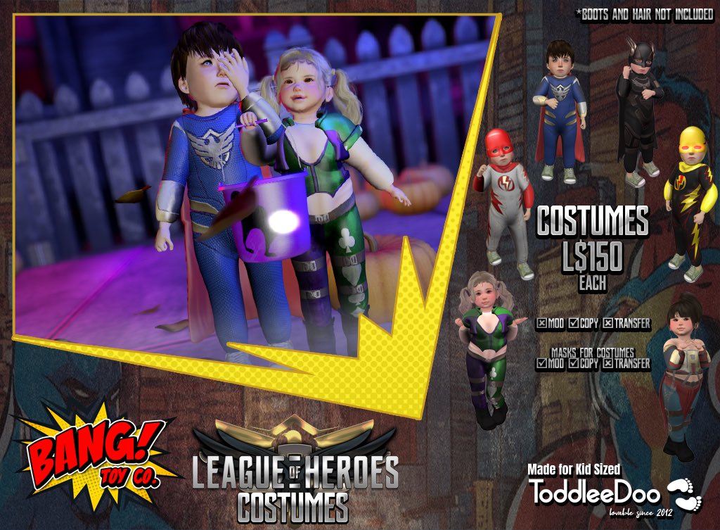 We have 6 Costumes based on our superhero and villains series League of Heroes for Toddleedoo Kids body!

L$150 per Costume!

Available at the Mainstore, AO, Rosewood, and our new location in Briarwood Estates!
Mainstore SLURL: maps.secondlife.com/secondlife/Amb…

⭐️ discord.gg/vqsqbzrv