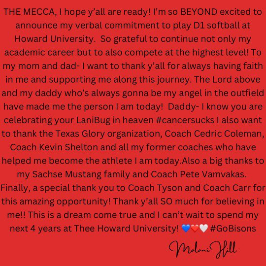 Malani2024's tweet photo. THE MECCA, I hope y’all are ready! 🤘🏽🦬 #Commited #GoBisons @HUBisonSoftball @SachseSB @ToriTyson @TexasGlory @SHS_Mustangs https://t.co/0uZhhxCUId