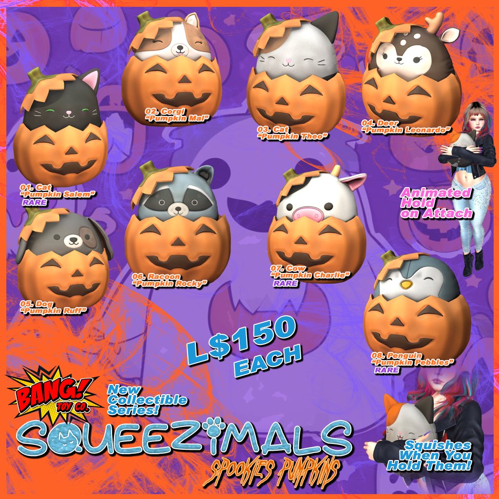 SQUEEZIMAL Spookies Pumpkins!***

We have 3 Squeezimal Spookie series coming up and the first is in STORE NOW!

Our Instore ones are just L$150 each!

Available at the Mainstore, AO, Rosewood, and our new location in Briarwood Estates!
Mainstore SLURL: maps.secondlife.com/secondlife/Amb…