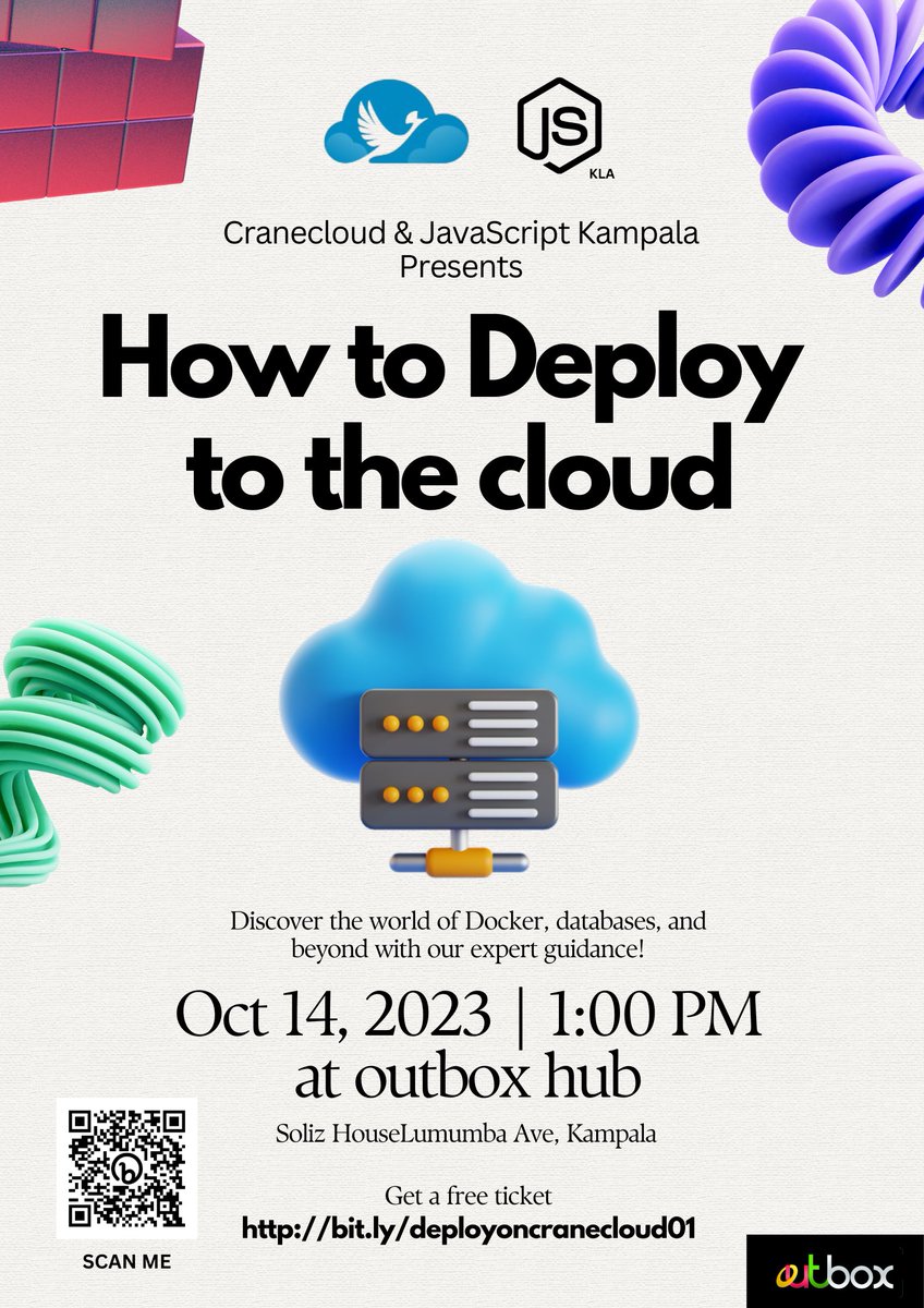 JsKampala's tweet image. 🚀 Join us on Oct 14 at @OutboxHub to learn cloud deployment with @CraneCloud_io  from 1PM to 4PM
 
Don&apos;t miss it! Grab your FREE ticket: bit.ly/deployoncranec…

#JavaScript #CloudDeployment #CraneCloud #Meetup