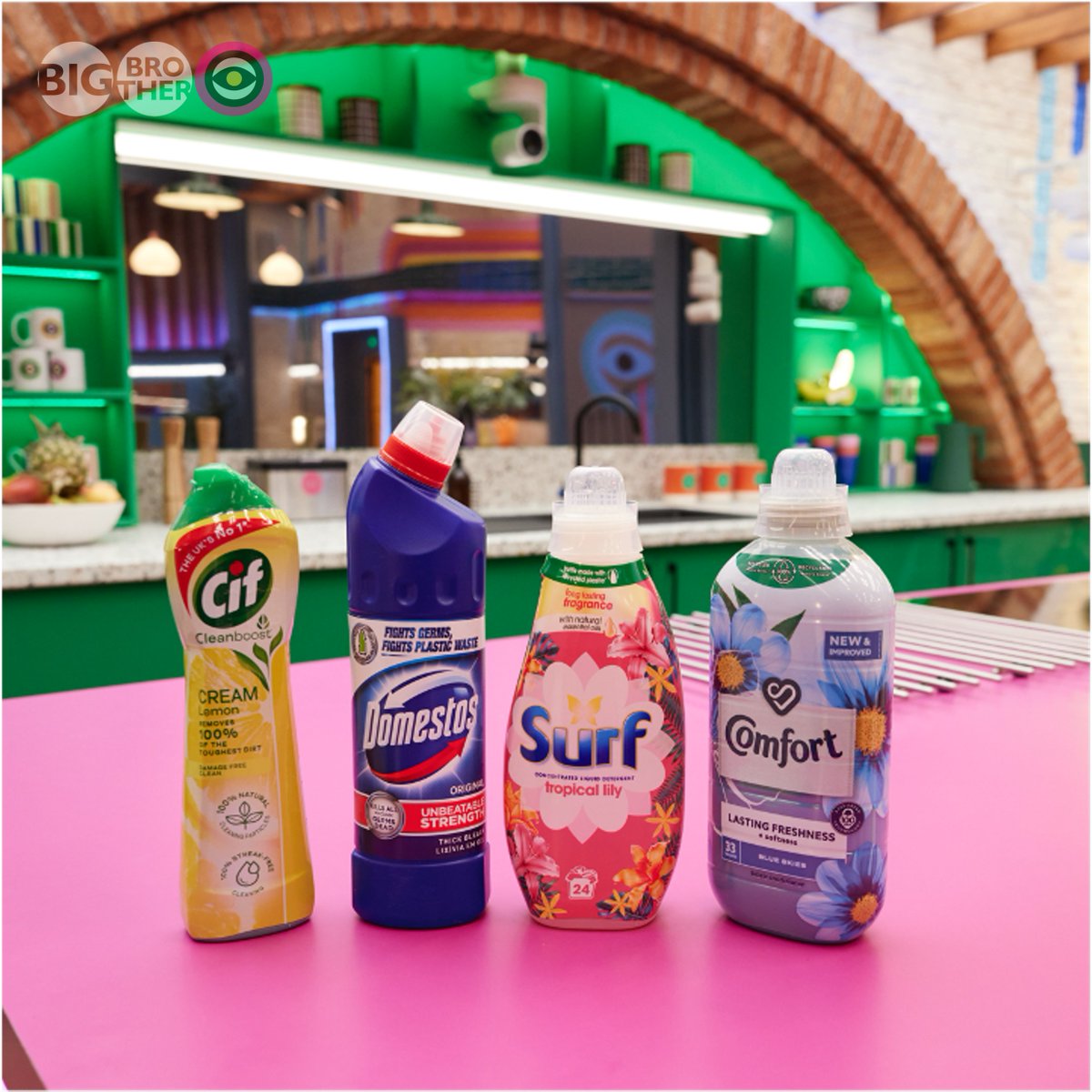 bbuk's tweet photo. Big Brother Sees It All, including that Housemate who doesn't clean up after themselves...! Welcoming the official cleaning partner @DomestosUK and the official laundry partner @SurfLaundry to the house #ad https://t.co/F8R8w6nYrZ