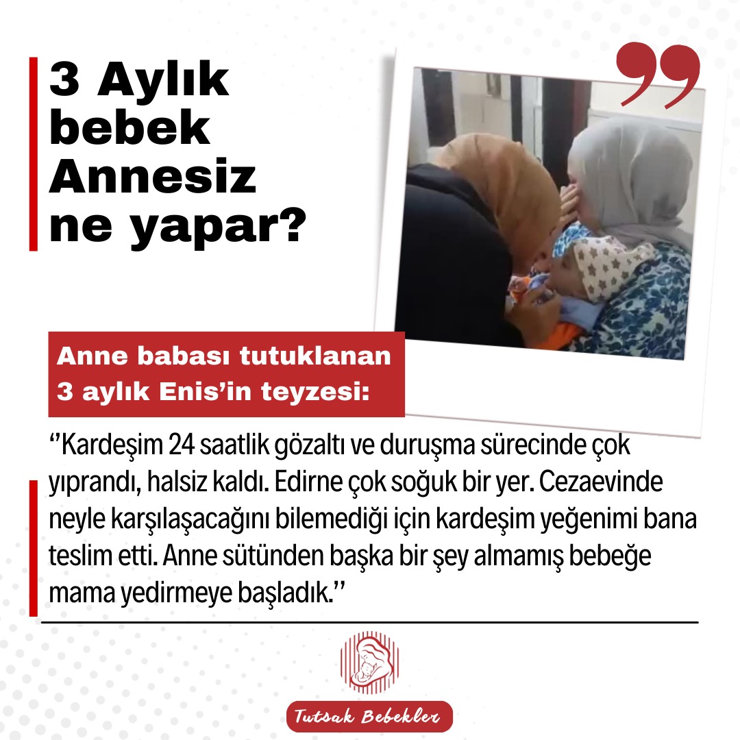 TutsakBebekler's tweet photo. 3 AYLIK BEBEK ANNESİNDEN KOPARILDI!

Sümeyye- Zarif Tercanlıoğlu çifti dün tutuklanarak cezaevine gönderildi. Çiftin henüz 3 aylık olan bebekleri cezaevinde büyümesin diye Sümeyye Hanım ağlayarak yavrusunu kardeşine emanet etti. Enis bebeğin annesine ihtiyacı var. Lütfen onların sesini duyurur musunuz? 
ÜçAylıkBebek AnnesizKalmasın
@serakadigil