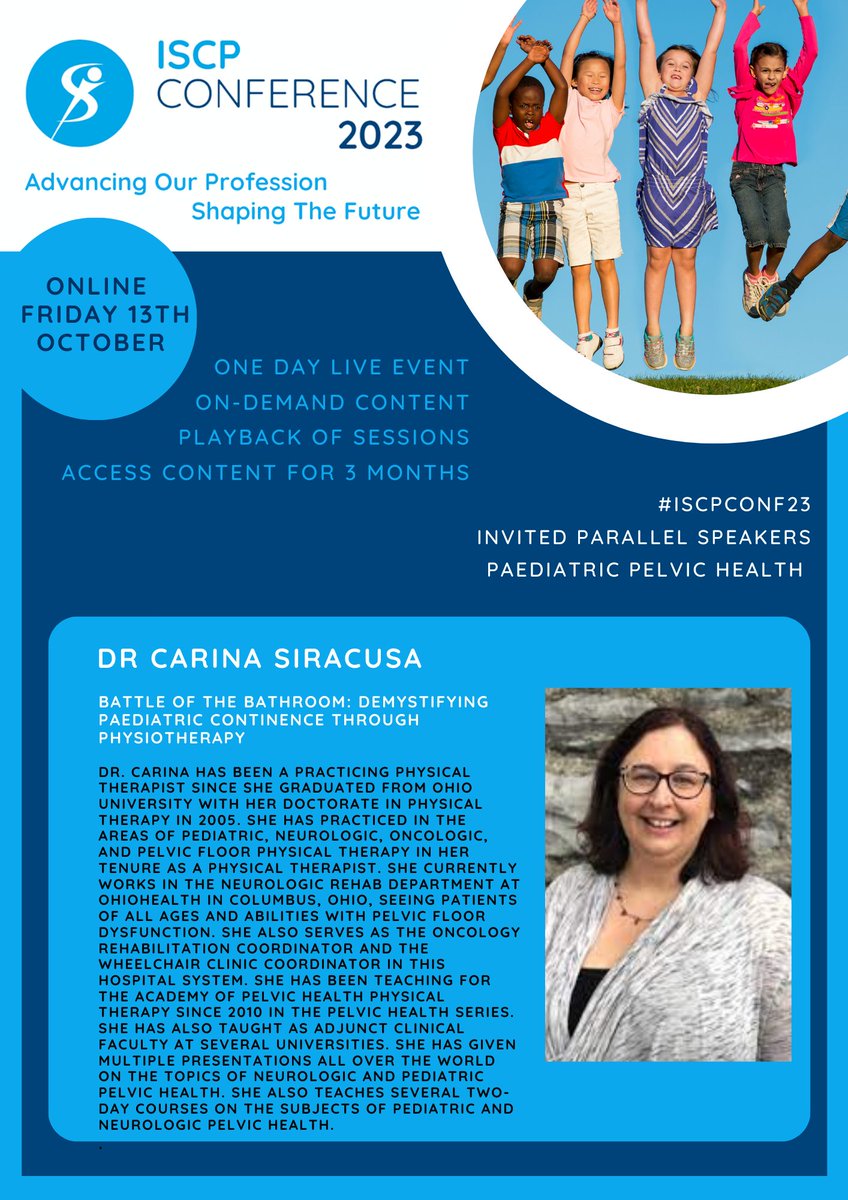 <a href="/_ISCP_/">ISCP</a> Annual Conference takes place this Friday &amp; features clinical content across multiple areas of physiotherapy 

Pelvic Health at 3pm 
Battle of the Bathroom: Demystifying paediatric continence through physiotherapy

<a href="/Carina_DPT/">Carina Siracusa</a> <a href="/rachmartens/">Rachael Martens</a> <a href="/CHI_Ireland/">Children's Health Ireland</a> #pelvichealth #cpd