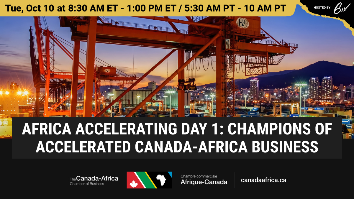 In-person Africa Accelerating is sold-out but you can still join us virtually, at no charge, for the Canada-Africa business event of the year on Oct 10-12.
Program - lnkd.in/gUf6S7x8
Register to watch Day 1 - lnkd.in/gX85T2rC
<a href="/CanAfricaBiz/">Canada-Africa Chamber of Business</a>