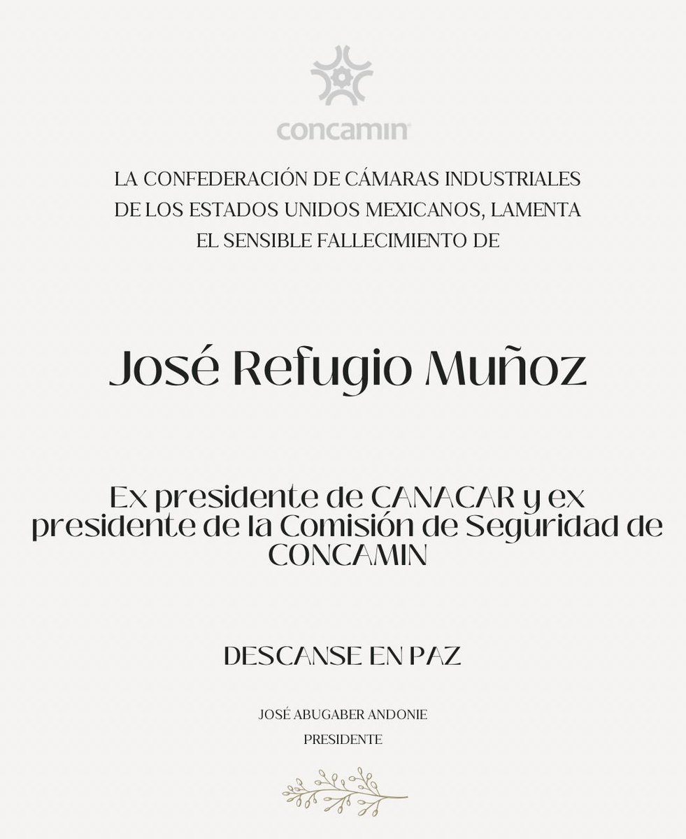 Lamento profundamente el fallecimiento de mi amigo José Refugio Muñoz, pilar de <a href="/canacarmexico/">CANACAR</a> y de toda la industria. Además de vicepresidente de #CANACAR fue presidente de la Comisión de Seguridad de <a href="/CONCAMIN/">CONCAMIN</a>, donde realizó un trabajo sobresaliente. Mis más sentido pésame a