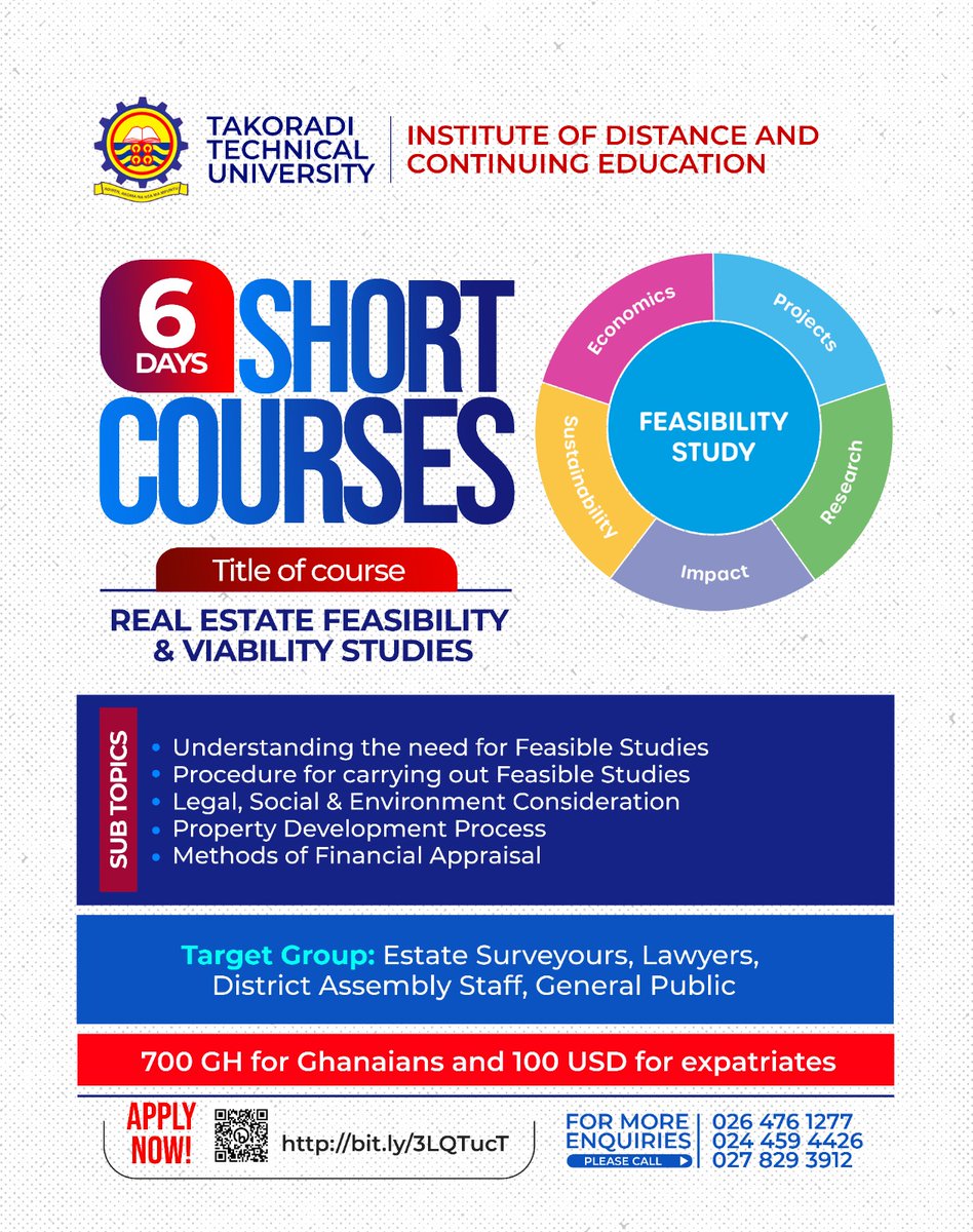 Takoradi Technical University Institute of Distance Learning is excited to introduce our short courses!
Explore learning, improve your abilities, and advance your career with our innovative, convenient courses.. #CareerGrowth #takoraditechnicaluniversity #university